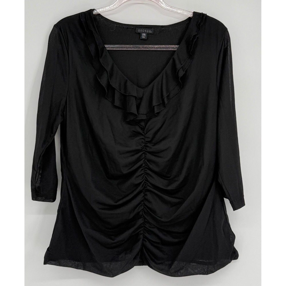 George Womens Black‎ Ruffle V-Neck Ruched Front 3/4 Sleeve Blouse Sz 16/18